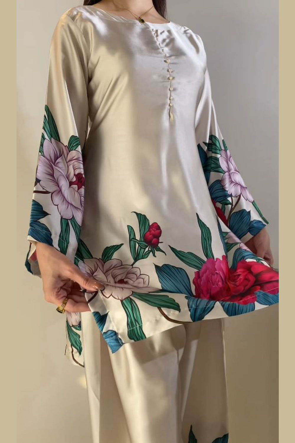 Cream Floral Farshi Shalwar Kameez with Pink Peony Print