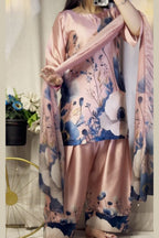 Pink Blue Floral Farshi Shalwar Kameez with Printed Dupatta