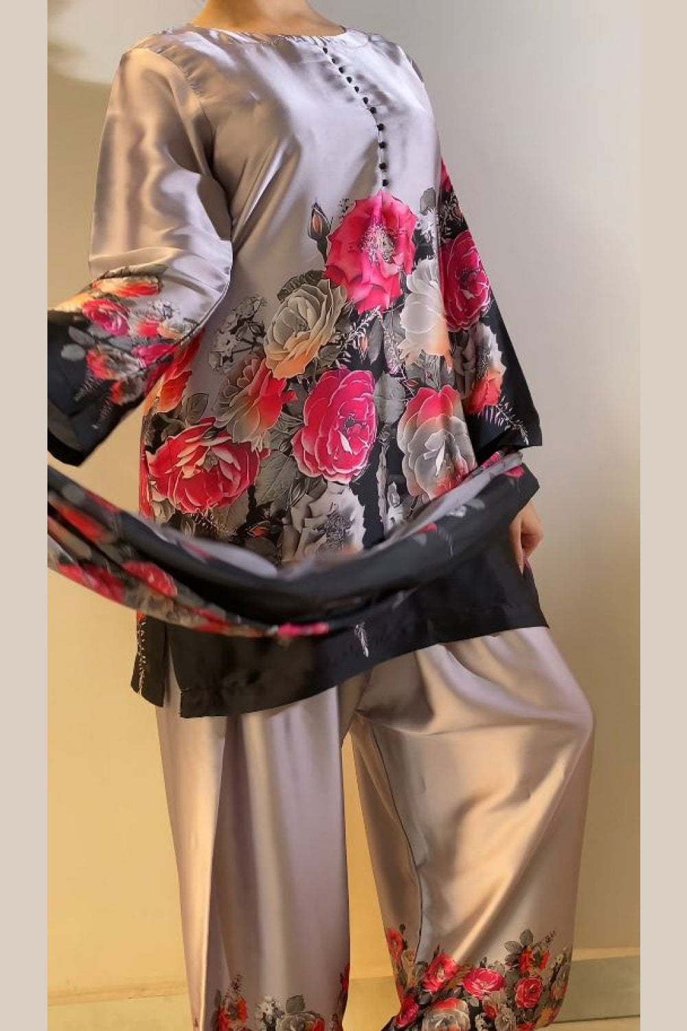 Black Grey Floral Farshi Shalwar Kameez with Printed Dupatta