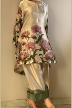 Cream Pink Floral Farshi Shalwar Kameez with Green Border