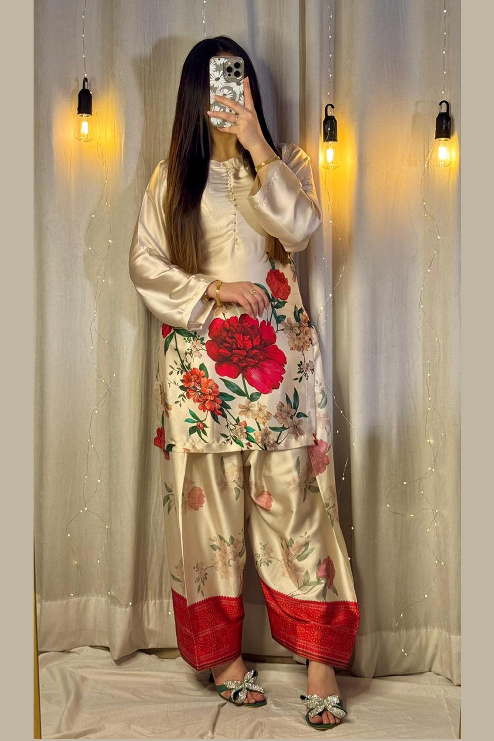 Cream Floral Farshi Shalwar Kameez with Red Border