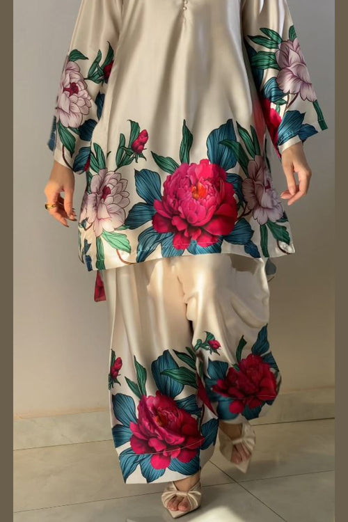 Cream Floral Farshi Shalwar Kameez with Pink Peony Print
