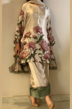 Cream Pink Floral Farshi Shalwar Kameez with Green Border