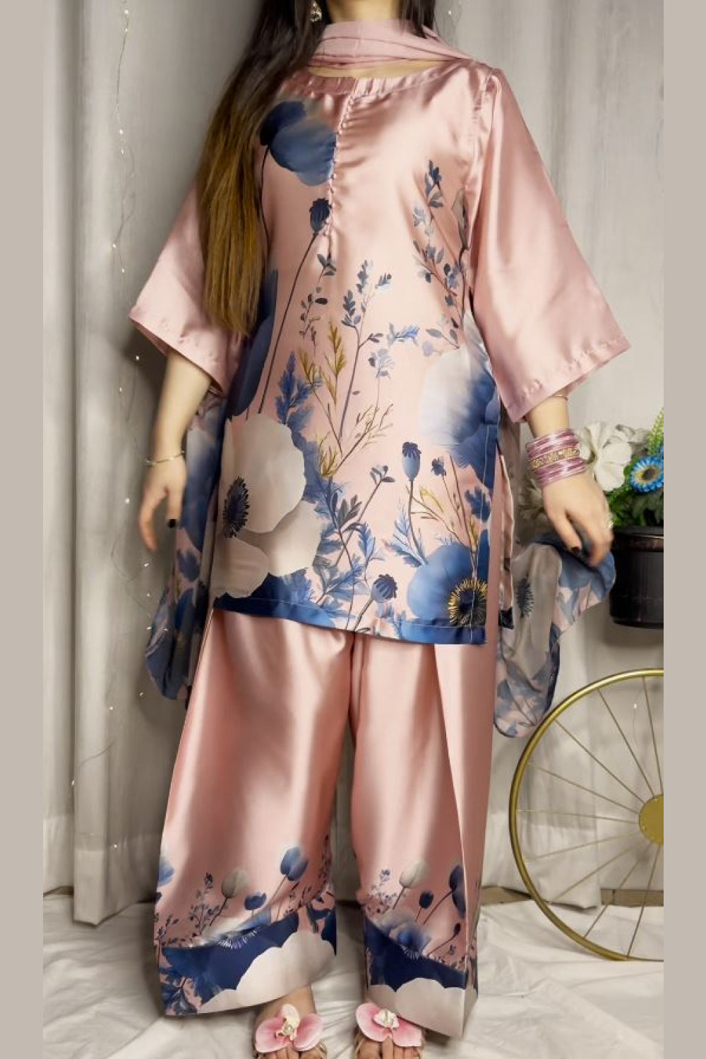 Pink Blue Floral Farshi Shalwar Kameez with Printed Dupatta