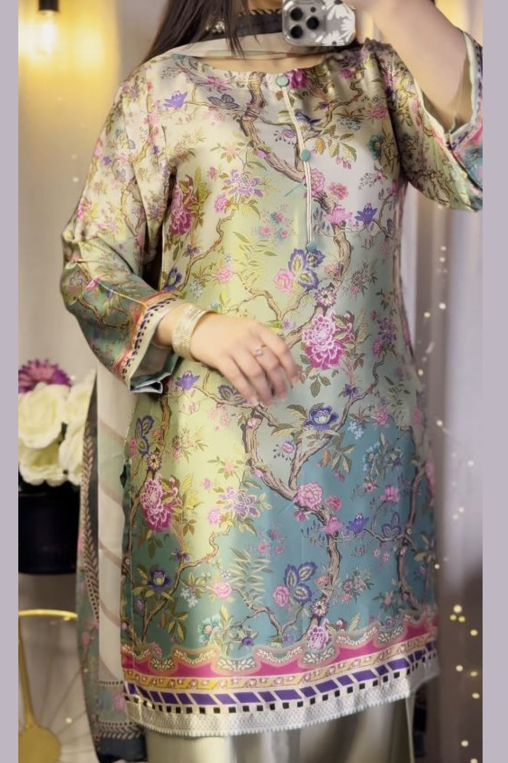Multi Floral Farshi Shalwar Kameez with Striped Dupatta