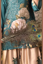 Teal Green Floral Farshi Shalwar Kameez with Cream Flowers