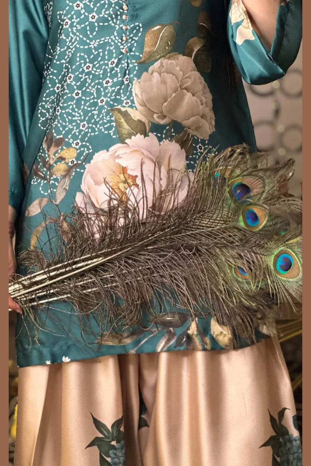Teal Green Floral Farshi Shalwar Kameez with Cream Flowers