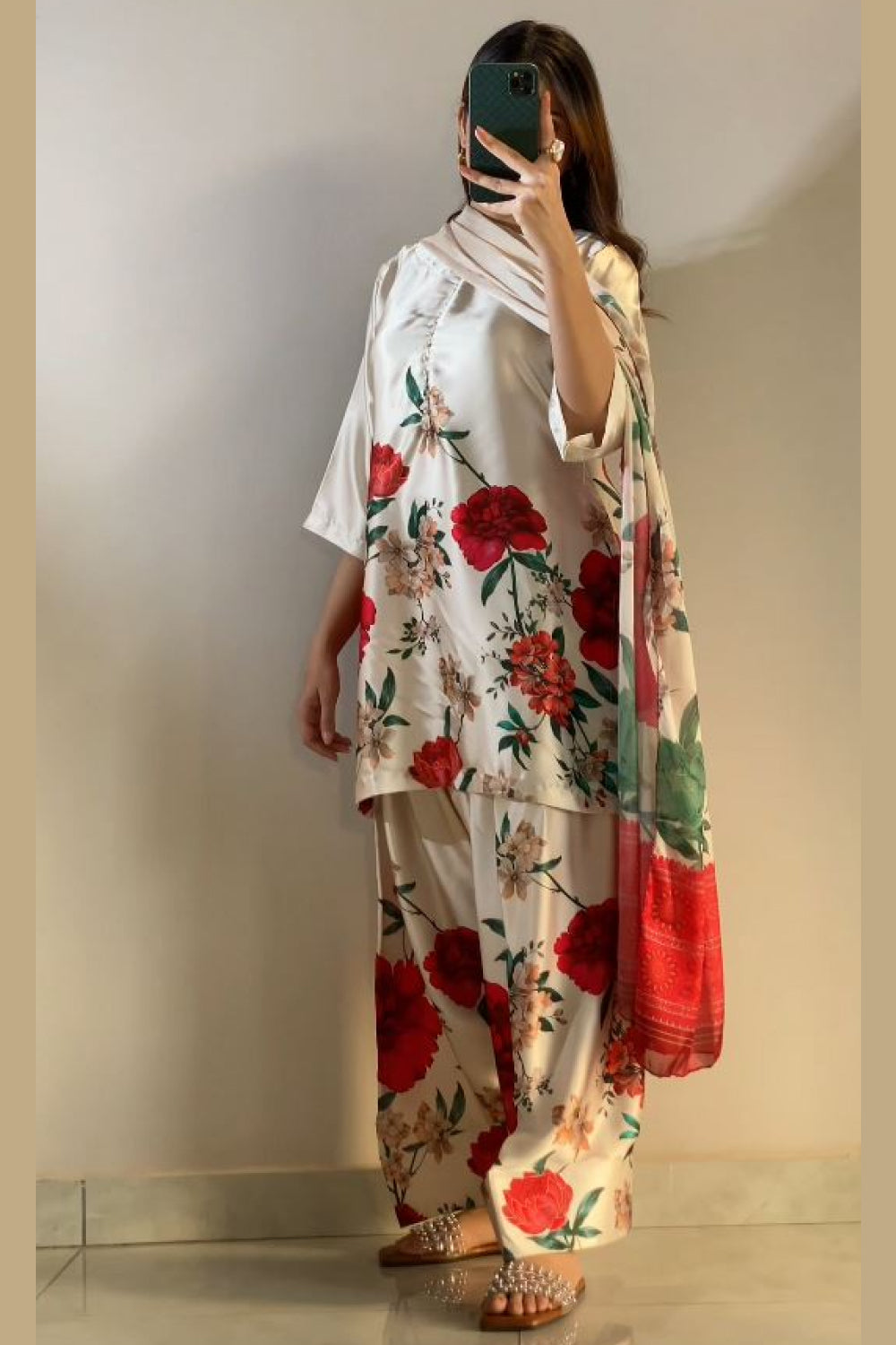 Cream Red Floral Farshi Shalwar Kameez with Dupatta