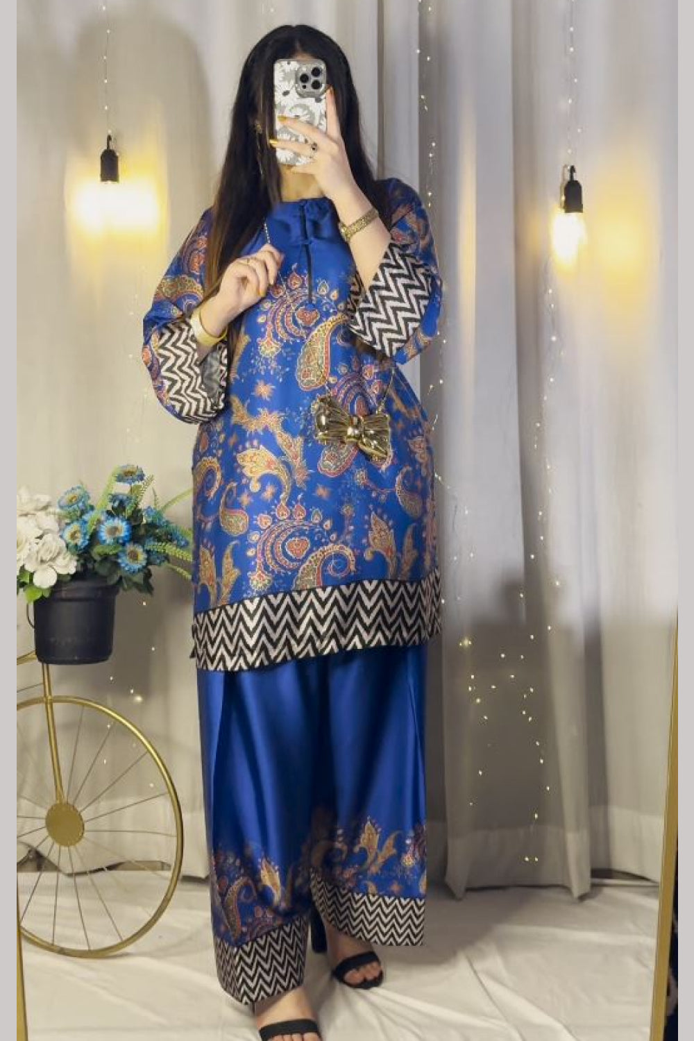 Royal Blue Paisley Farshi Shalwar Kameez with Zigzag Border