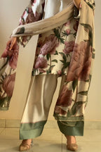 Cream Pink Floral Farshi Shalwar Kameez with Green Border