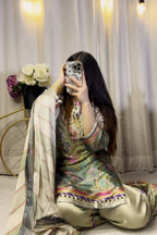 Multi Floral Farshi Shalwar Kameez with Striped Dupatta