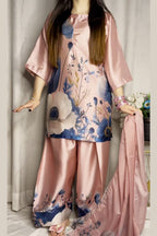 Pink Blue Floral Farshi Shalwar Kameez with Printed Dupatta