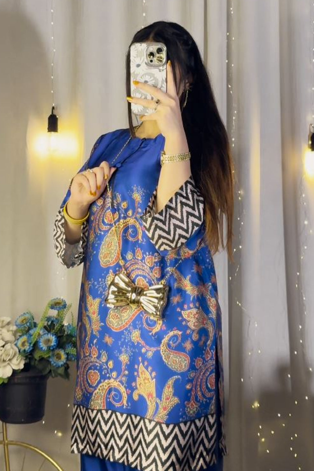 Royal Blue Paisley Farshi Shalwar Kameez with Zigzag Border