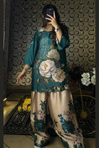 Teal Green Floral Farshi Shalwar Kameez with Cream Flowers