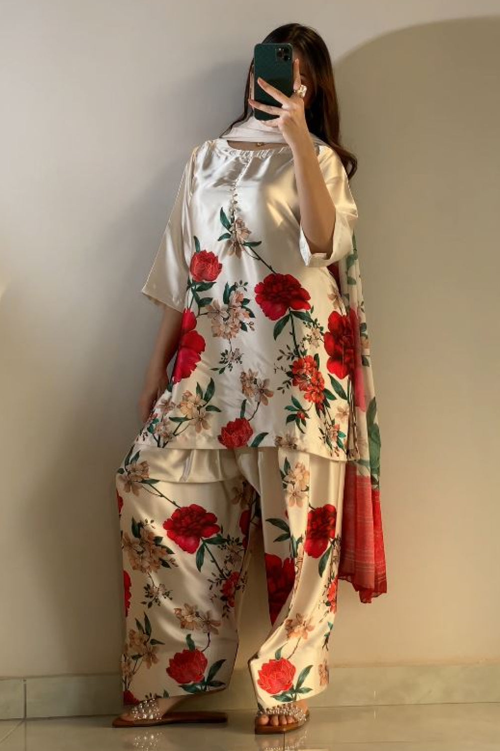 Cream Red Floral Farshi Shalwar Kameez with Dupatta