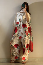 Cream Red Floral Farshi Shalwar Kameez with Dupatta