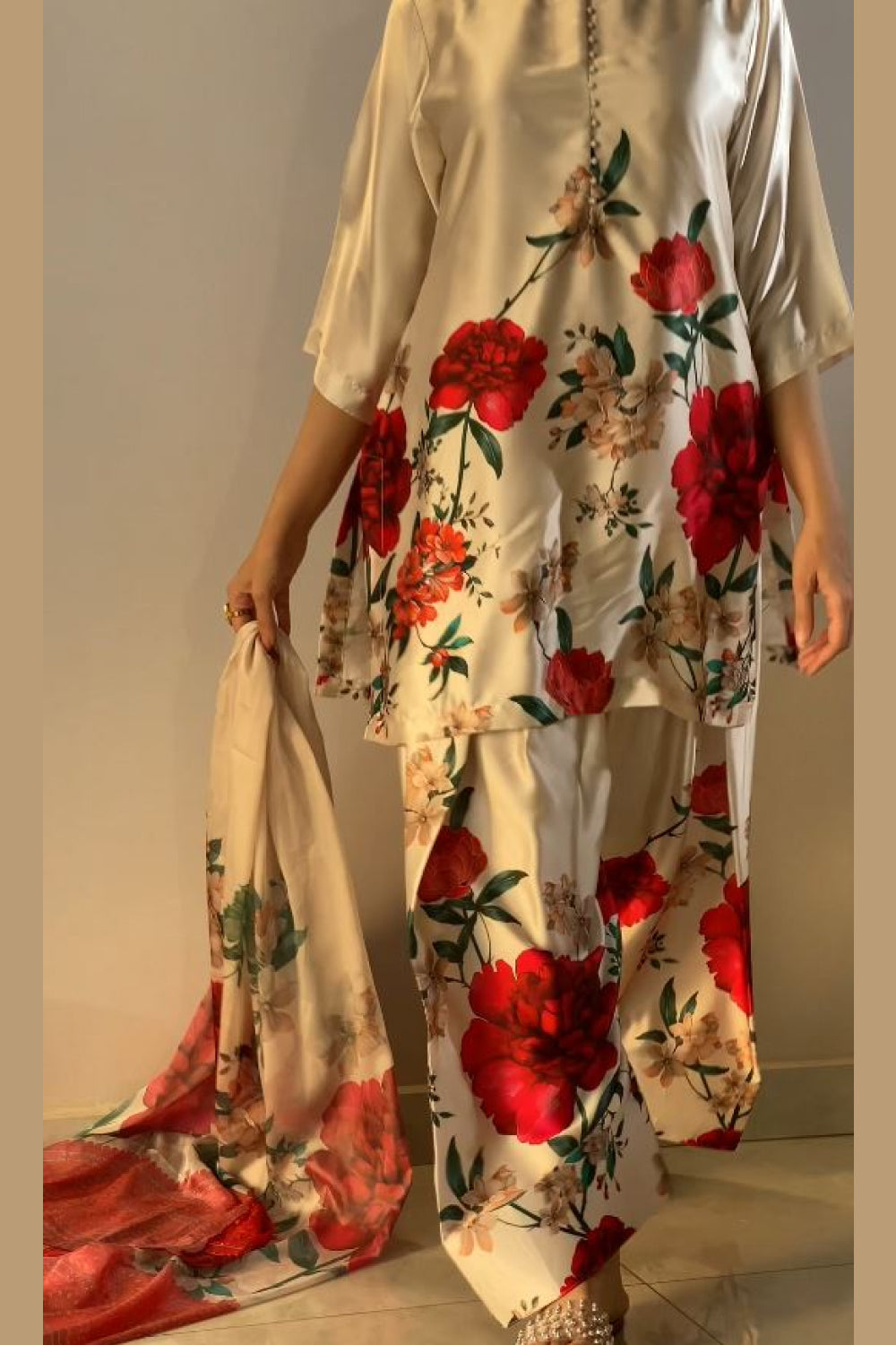 Cream Red Floral Farshi Shalwar Kameez with Dupatta