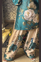 Teal Green Floral Farshi Shalwar Kameez with Cream Flowers