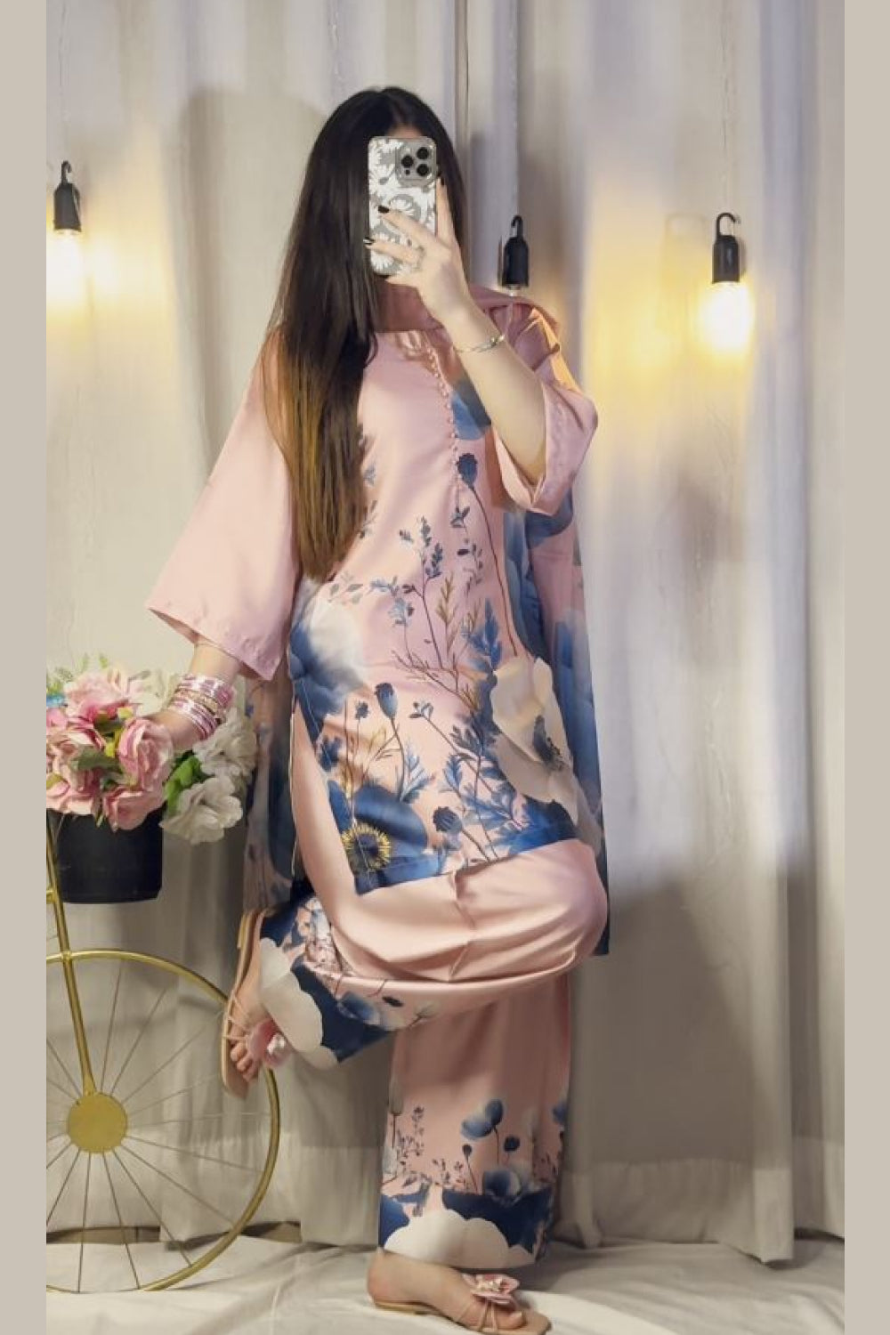 Pink Blue Floral Farshi Shalwar Kameez with Printed Dupatta