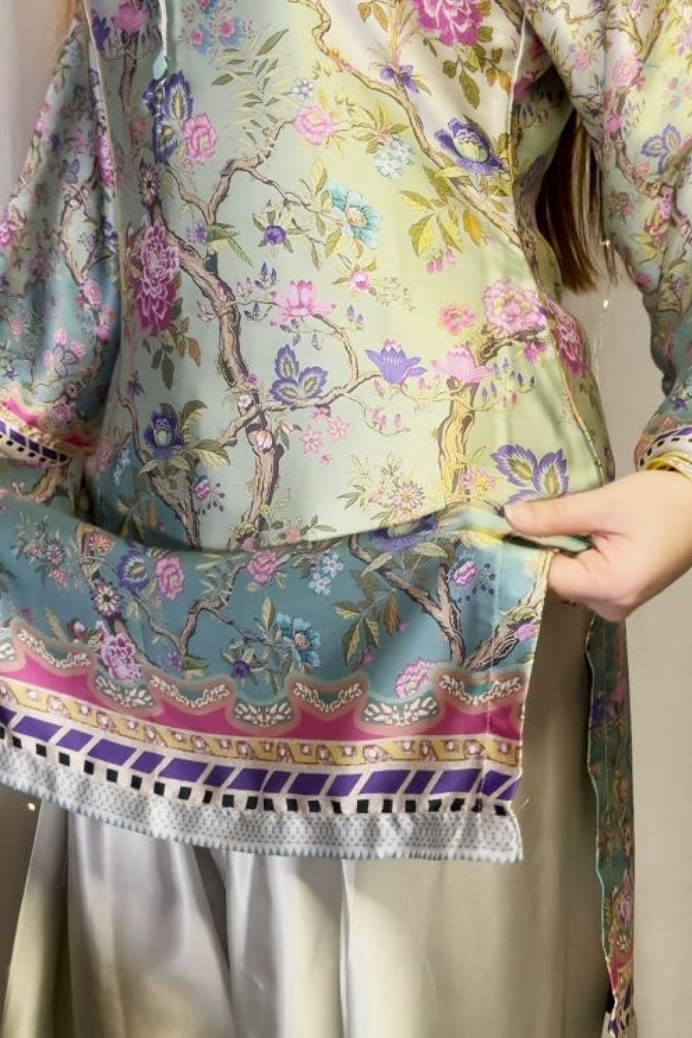 Multi Floral Farshi Shalwar Kameez with Striped Dupatta