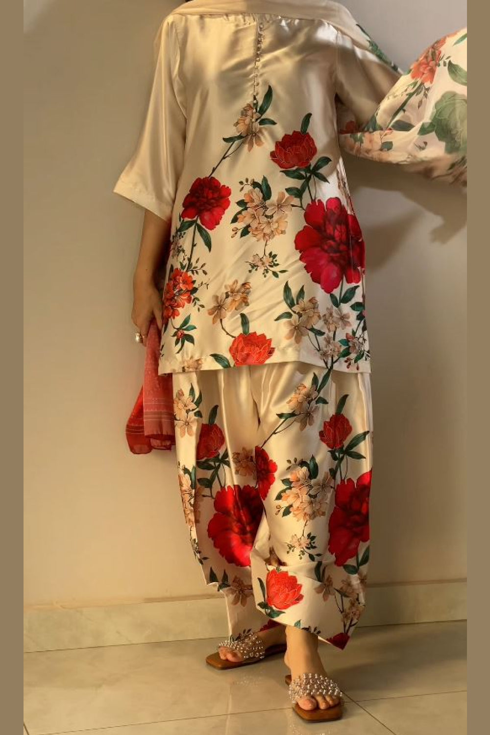 Cream Red Floral Farshi Shalwar Kameez with Dupatta