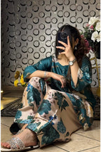 Teal Green Floral Farshi Shalwar Kameez with Cream Flowers