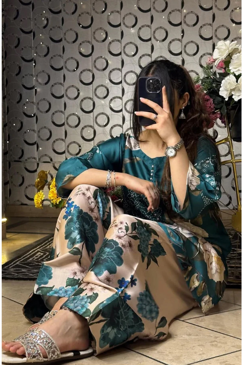 Teal Green Floral Farshi Shalwar Kameez with Cream Flowers