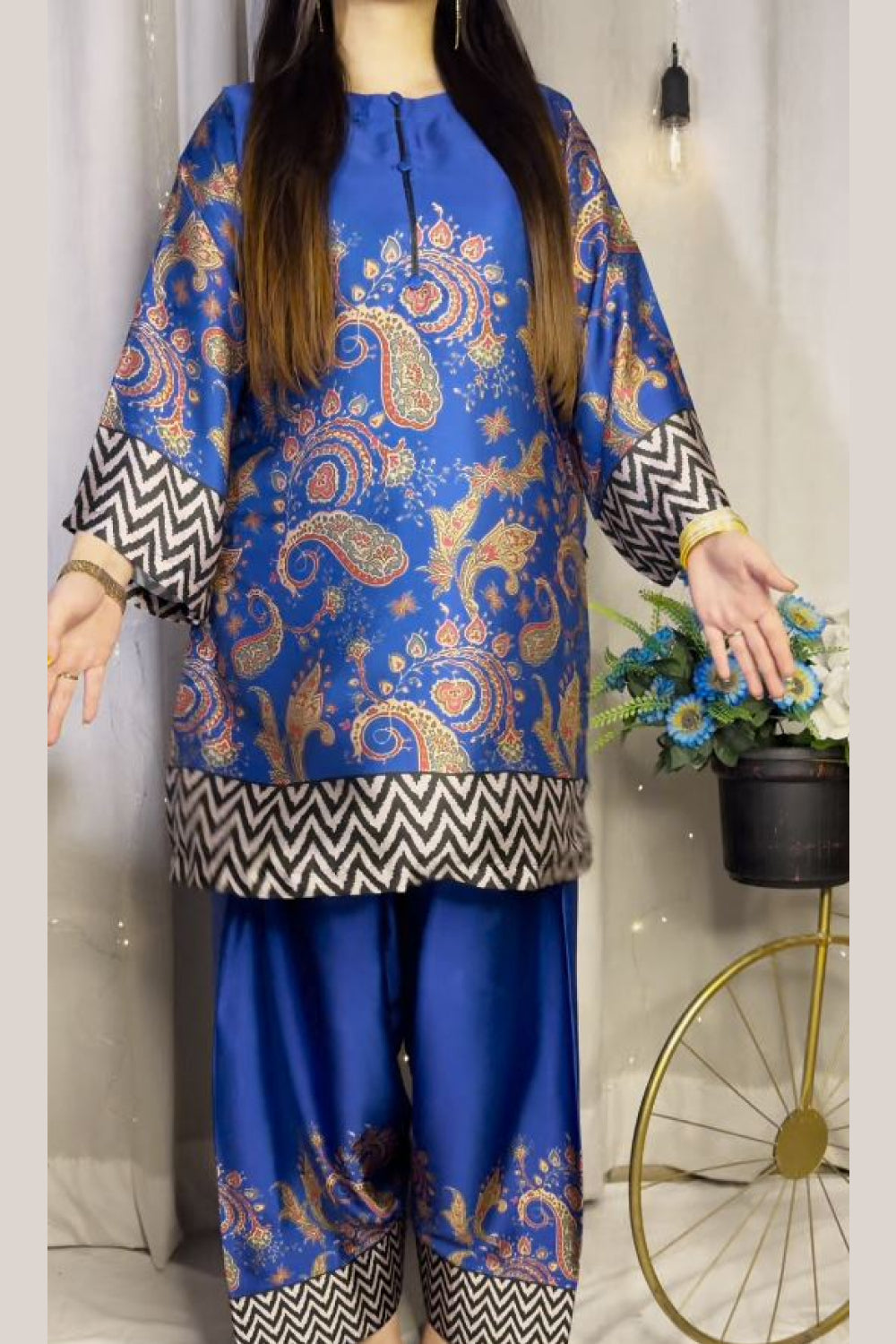 Royal Blue Paisley Farshi Shalwar Kameez with Zigzag Border