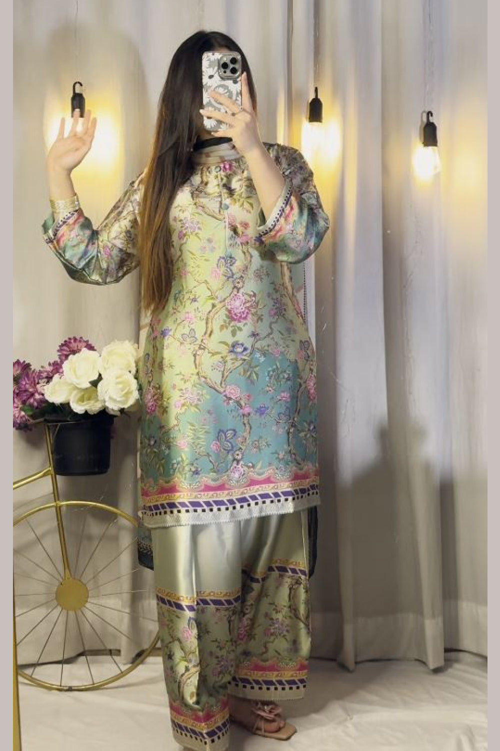 Multi Floral Farshi Shalwar Kameez with Striped Dupatta