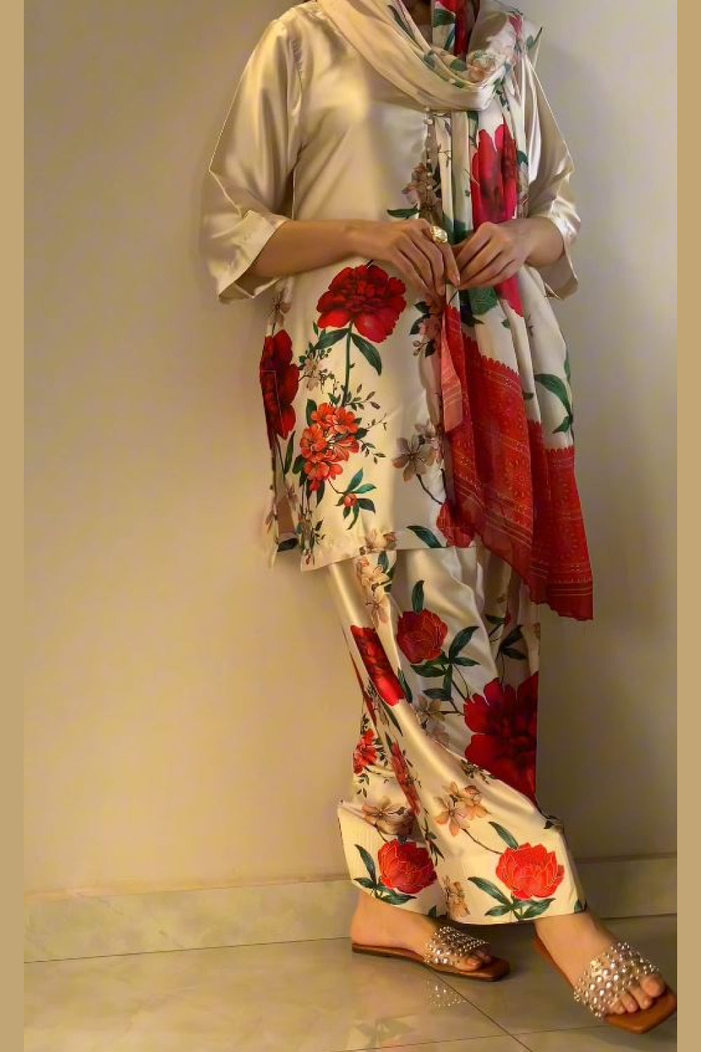 Cream Red Floral Farshi Shalwar Kameez with Dupatta