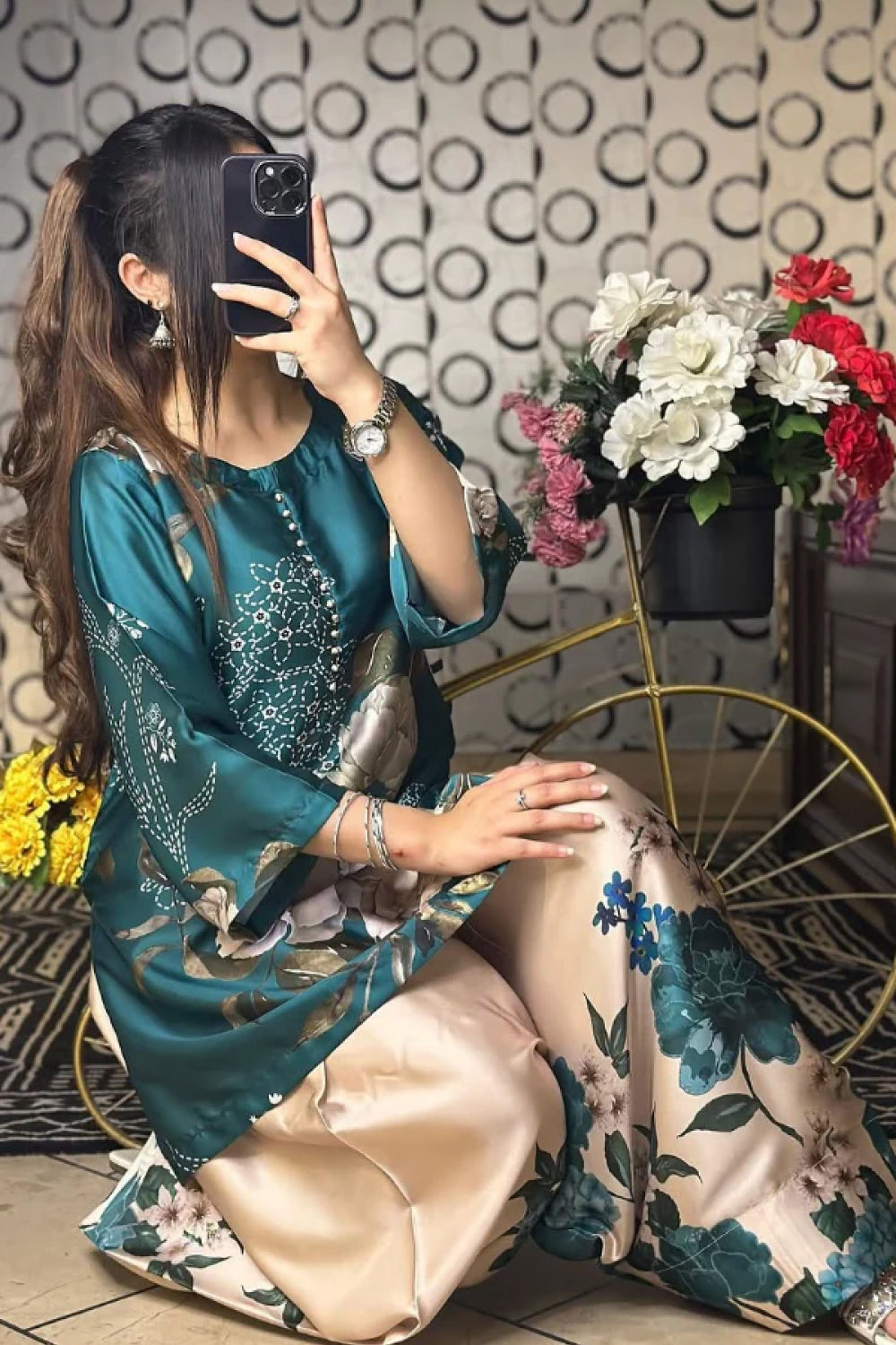 Teal Green Floral Farshi Shalwar Kameez with Cream Flowers