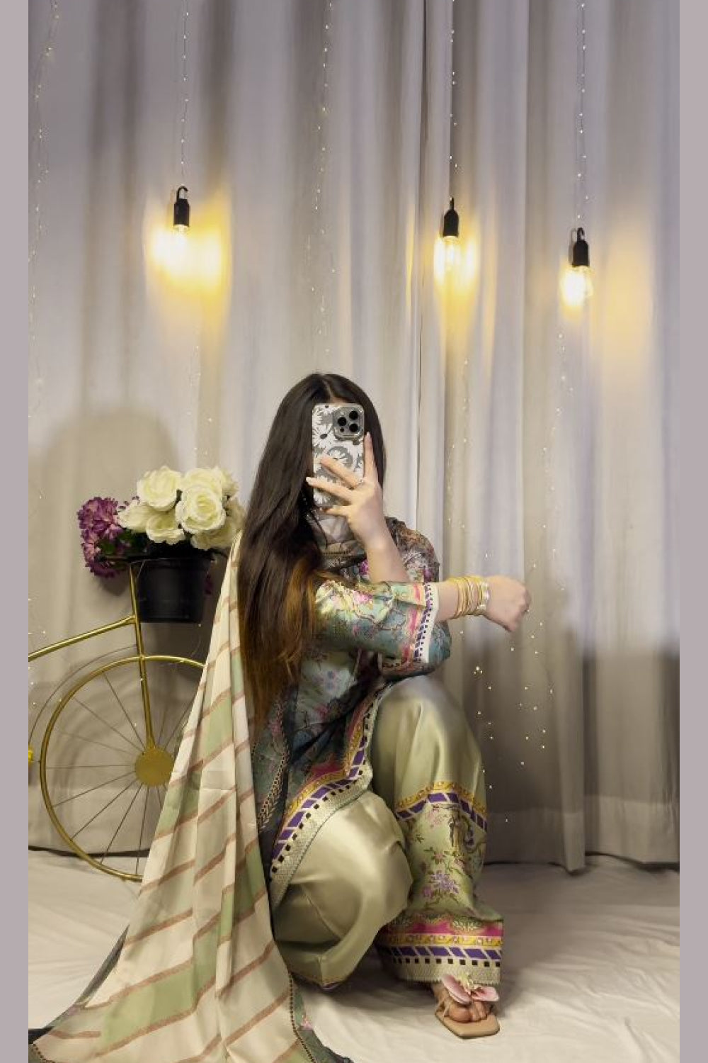 Multi Floral Farshi Shalwar Kameez with Striped Dupatta