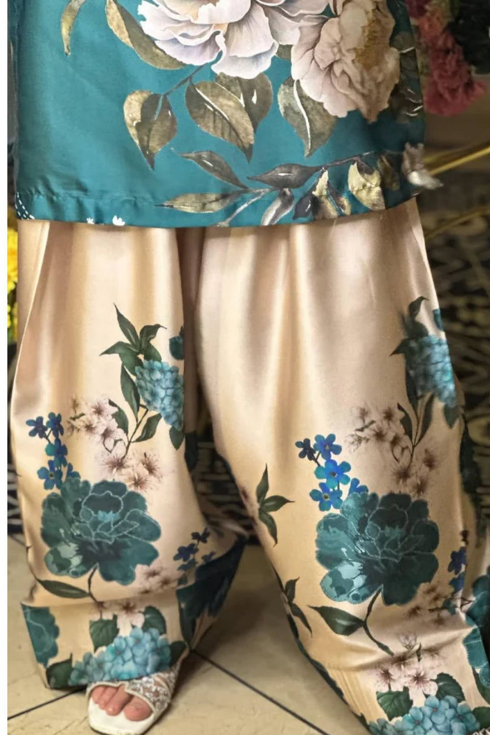 Teal Green Floral Farshi Shalwar Kameez with Cream Flowers