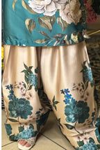 Teal Green Floral Farshi Shalwar Kameez with Cream Flowers