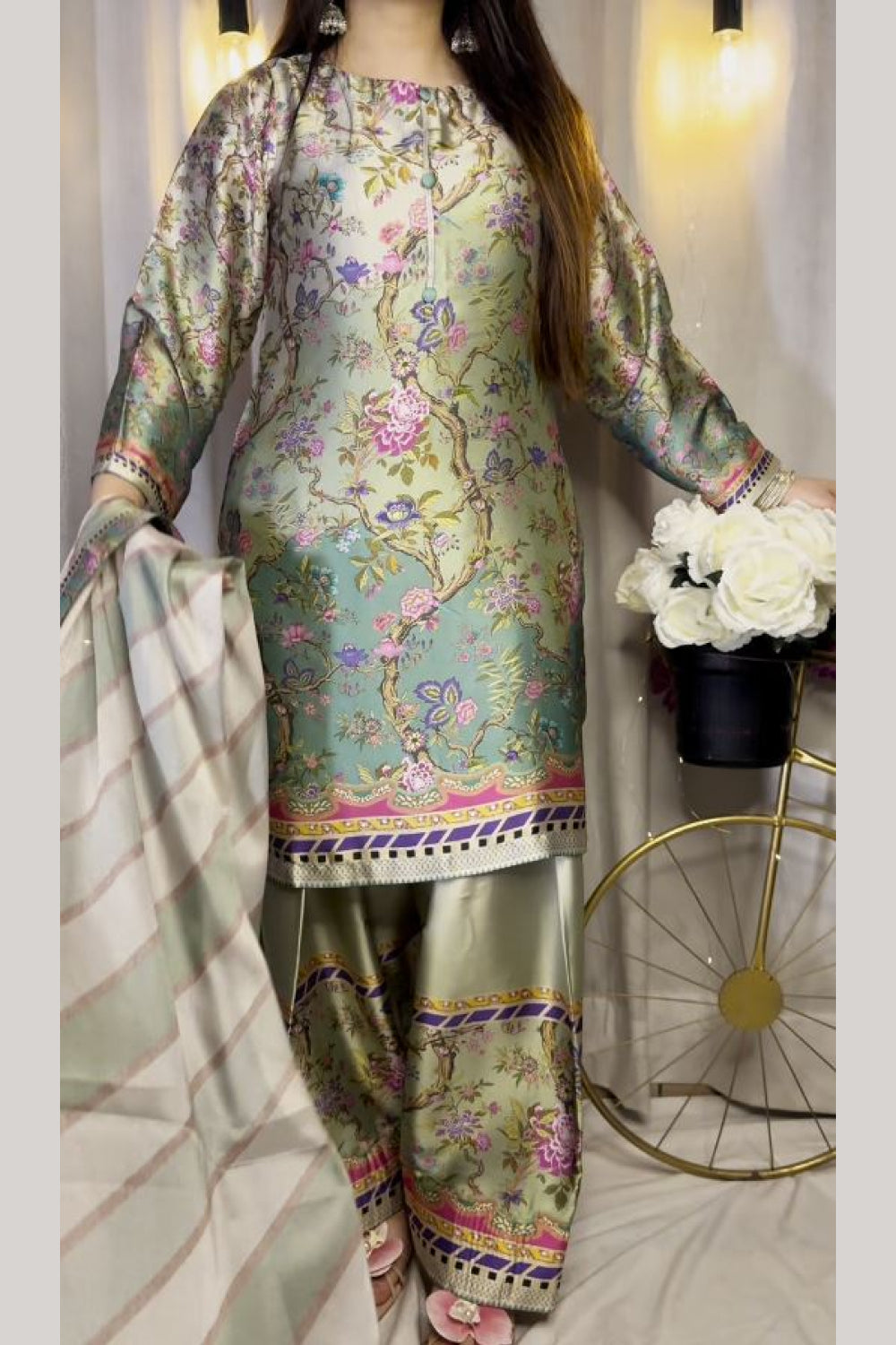 Multi Floral Farshi Shalwar Kameez with Striped Dupatta