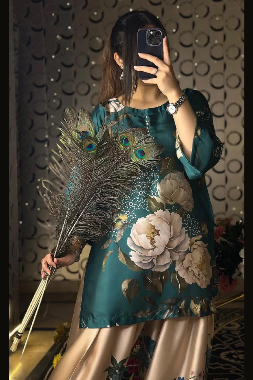 Teal Green Floral Farshi Shalwar Kameez with Cream Flowers
