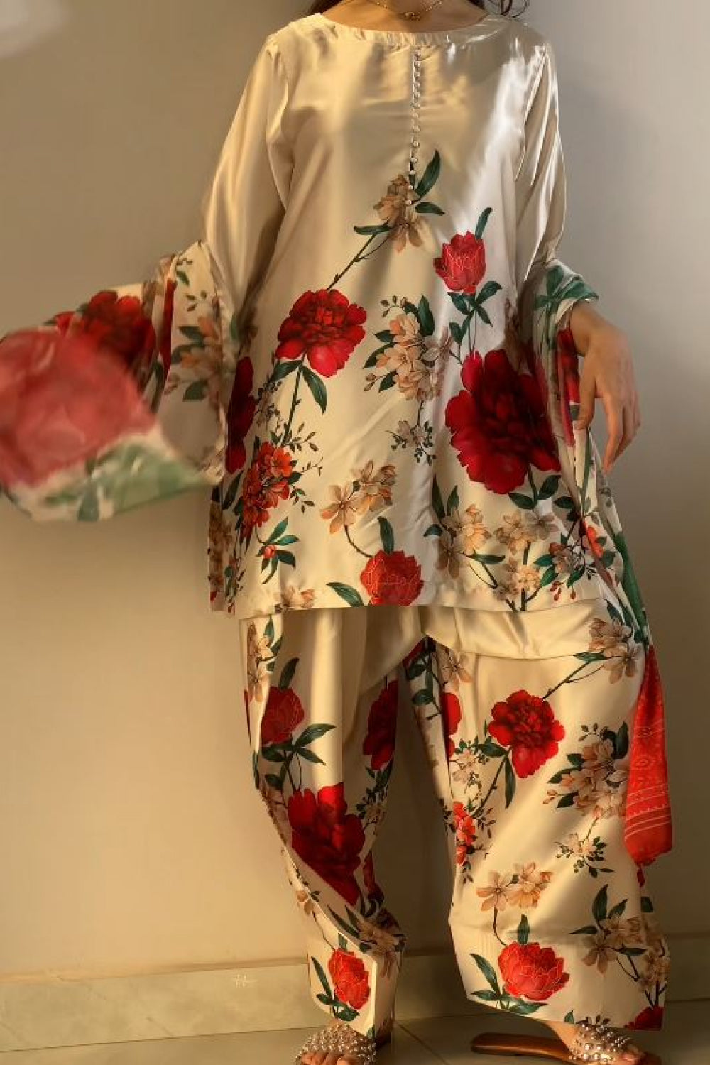 Cream Red Floral Farshi Shalwar Kameez with Dupatta