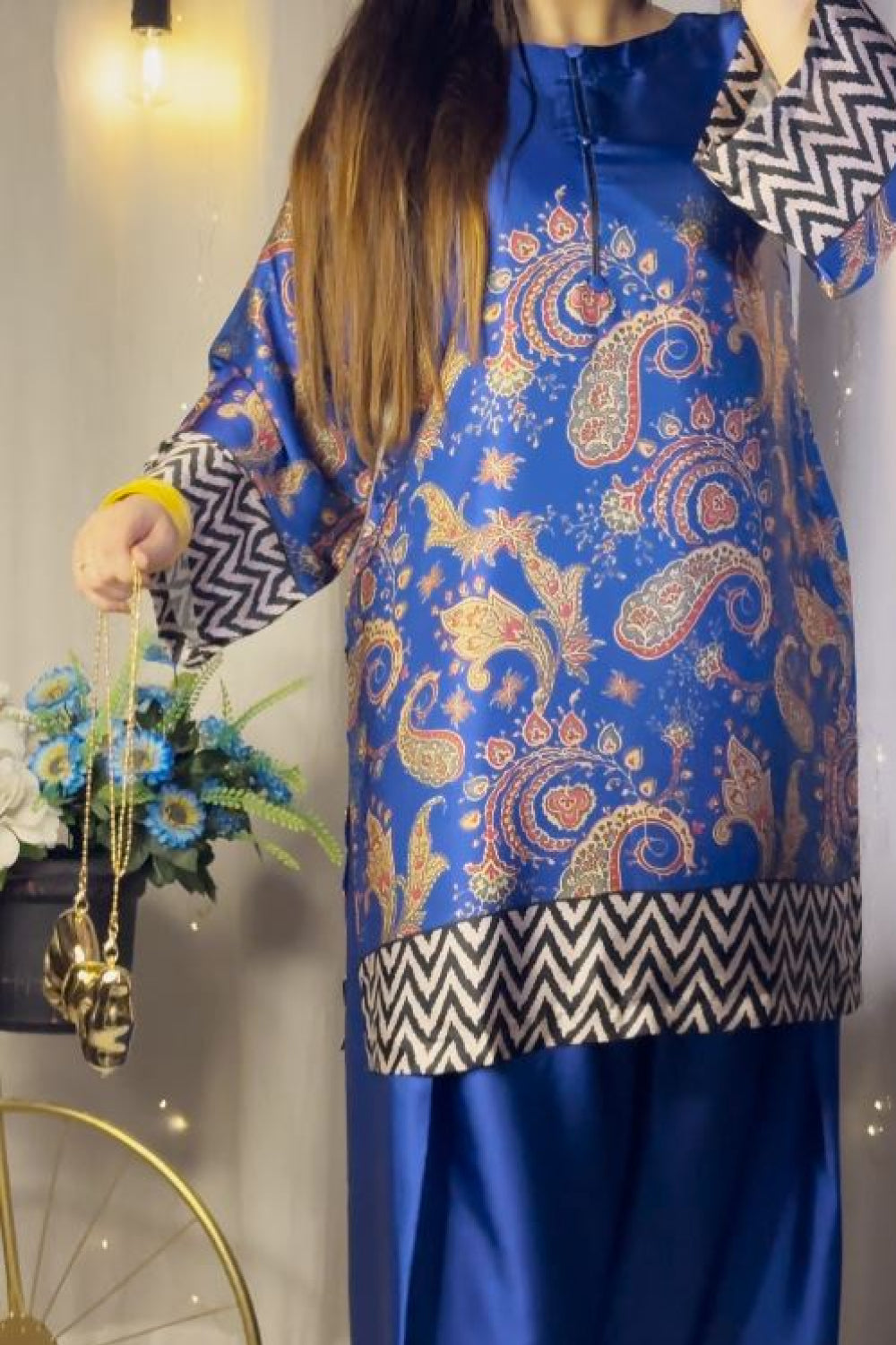 Royal Blue Paisley Farshi Shalwar Kameez with Zigzag Border