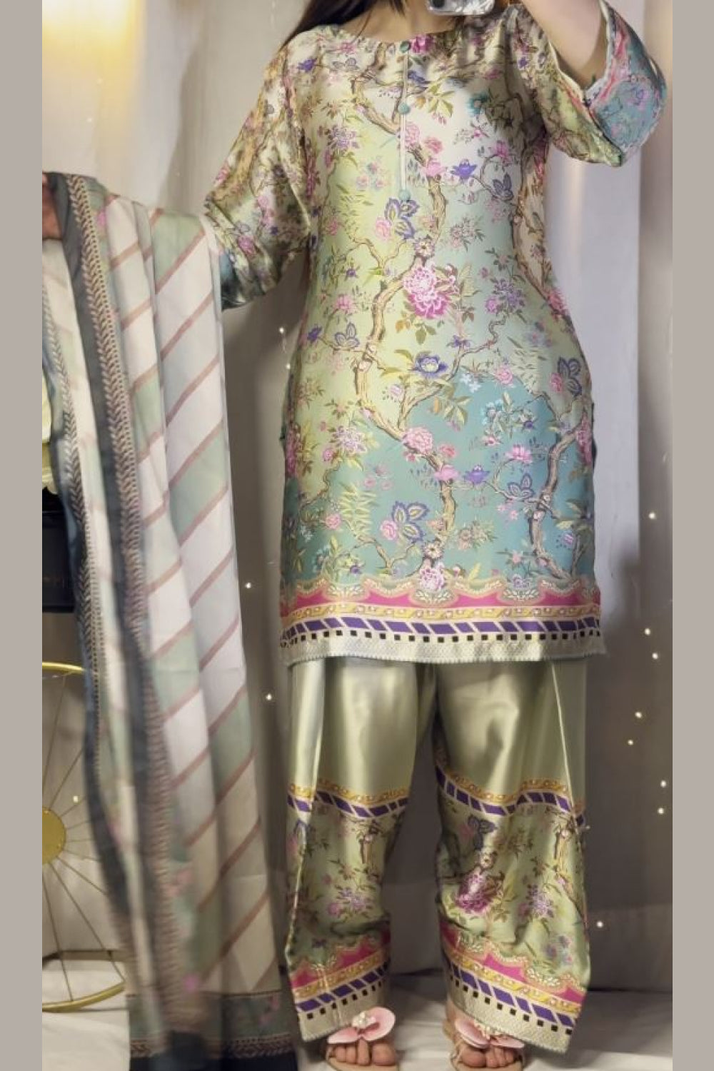 Multi Floral Farshi Shalwar Kameez with Striped Dupatta
