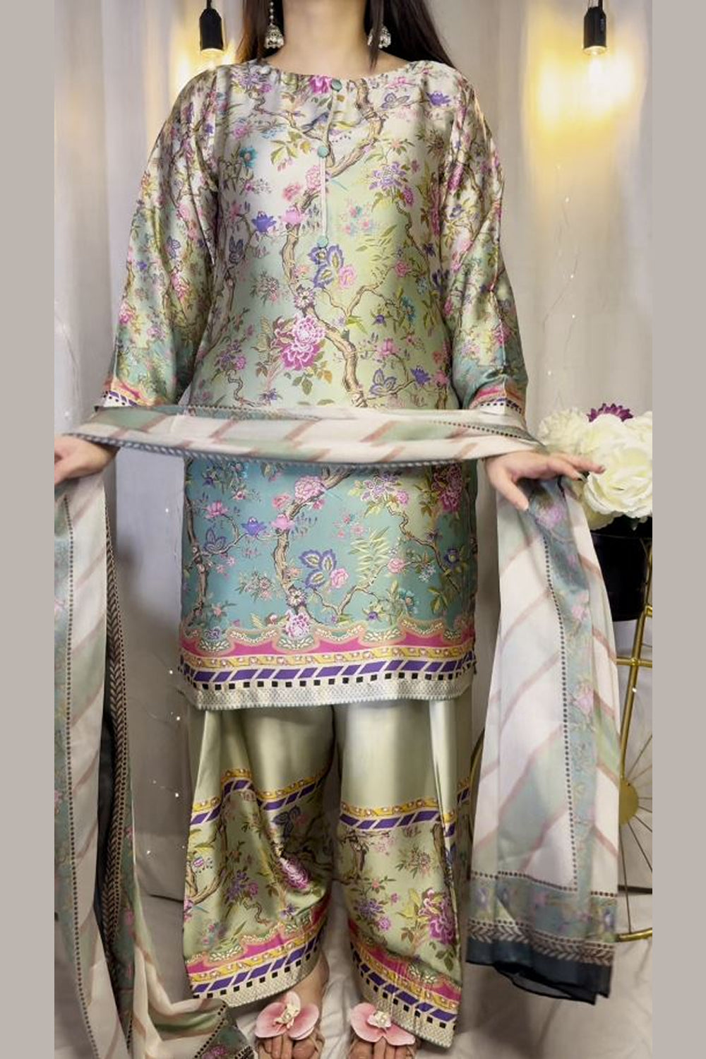 Multi Floral Farshi Shalwar Kameez with Striped Dupatta