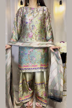 Multi Floral Farshi Shalwar Kameez with Striped Dupatta