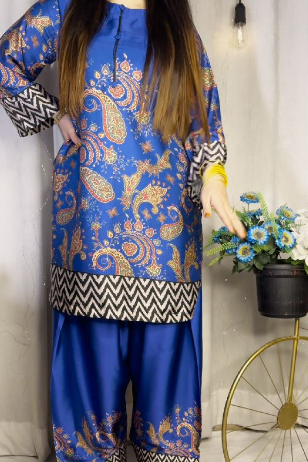 Royal Blue Paisley Farshi Shalwar Kameez with Zigzag Border