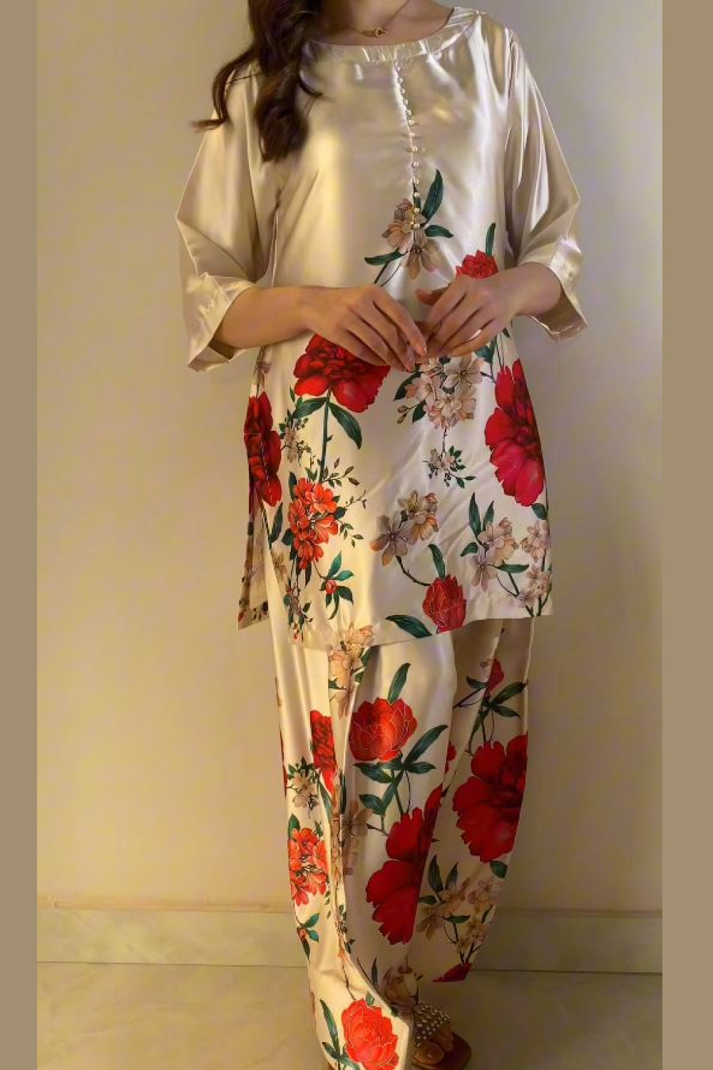 Cream Red Floral Farshi Shalwar Kameez with Dupatta