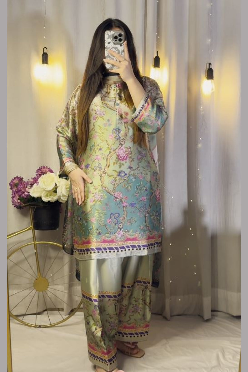 Multi Floral Farshi Shalwar Kameez with Striped Dupatta