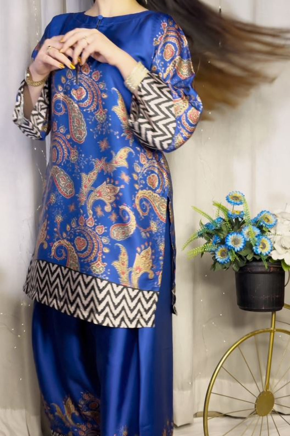 Royal Blue Paisley Farshi Shalwar Kameez with Zigzag Border