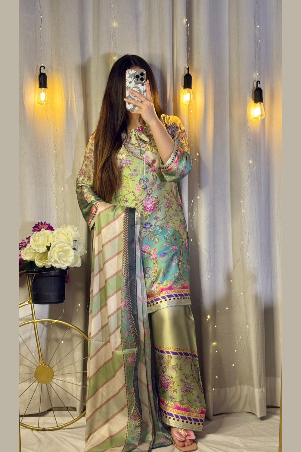 Multi Floral Farshi Shalwar Kameez with Striped Dupatta