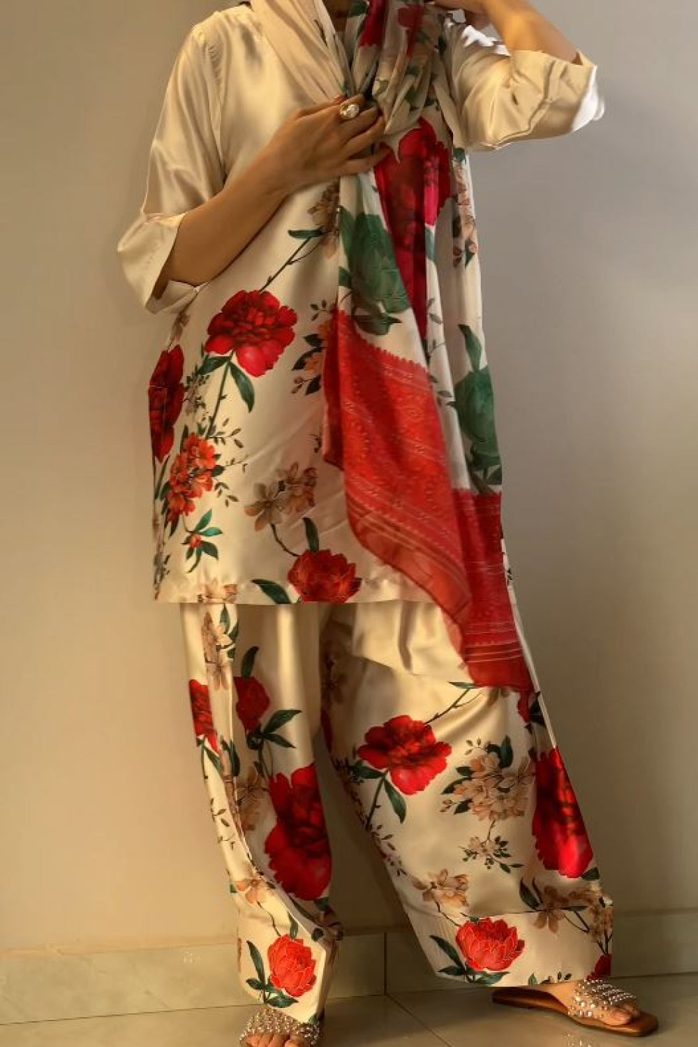 Cream Red Floral Farshi Shalwar Kameez with Dupatta