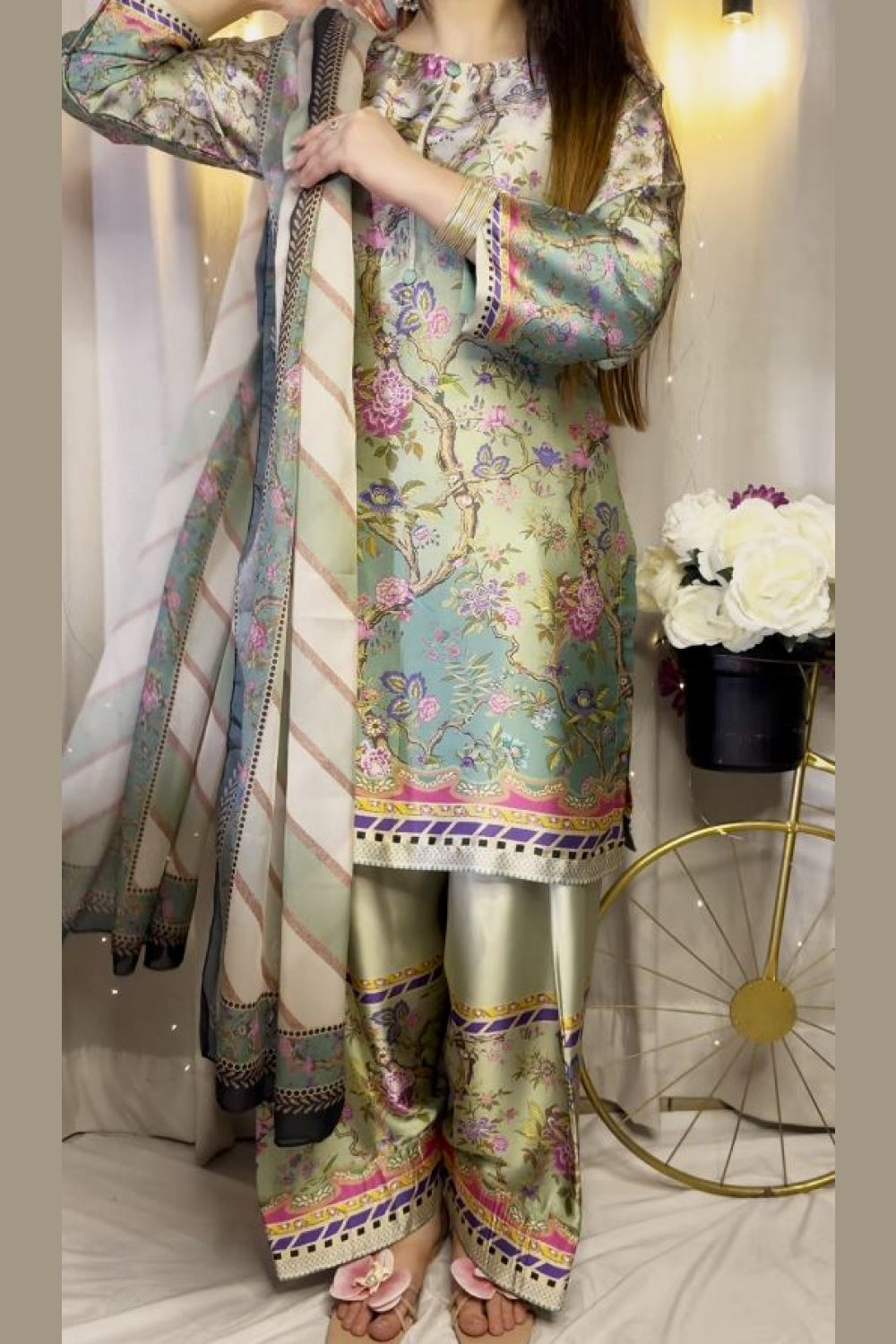 Multi Floral Farshi Shalwar Kameez with Striped Dupatta