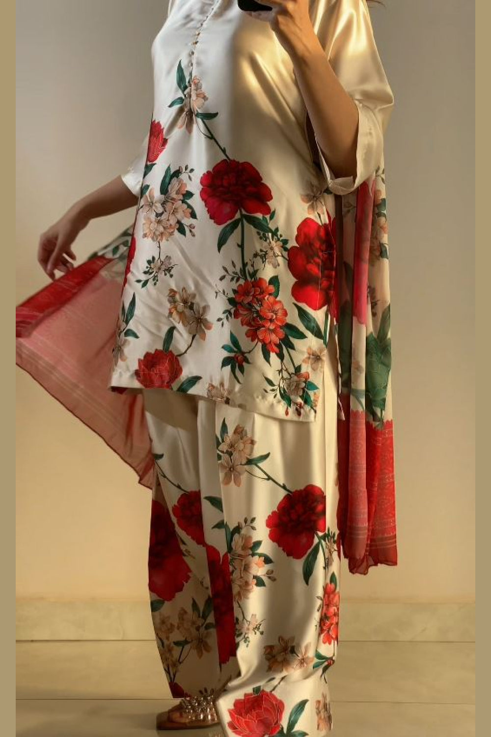 Cream Red Floral Farshi Shalwar Kameez with Dupatta