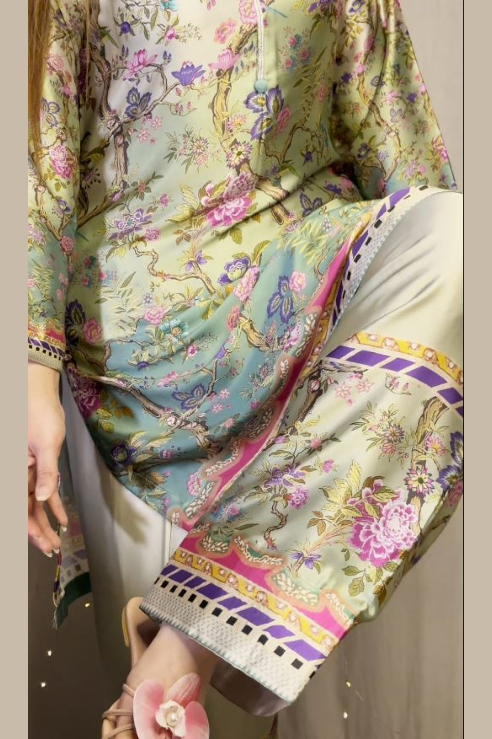 Multi Floral Farshi Shalwar Kameez with Striped Dupatta